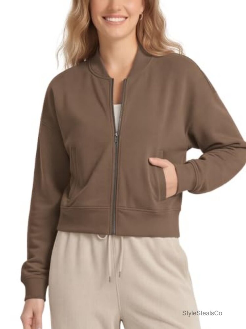 Women's Modal Blend Crop Bomber Jacket Full-Zip Casual Long Sleeve with Pockets